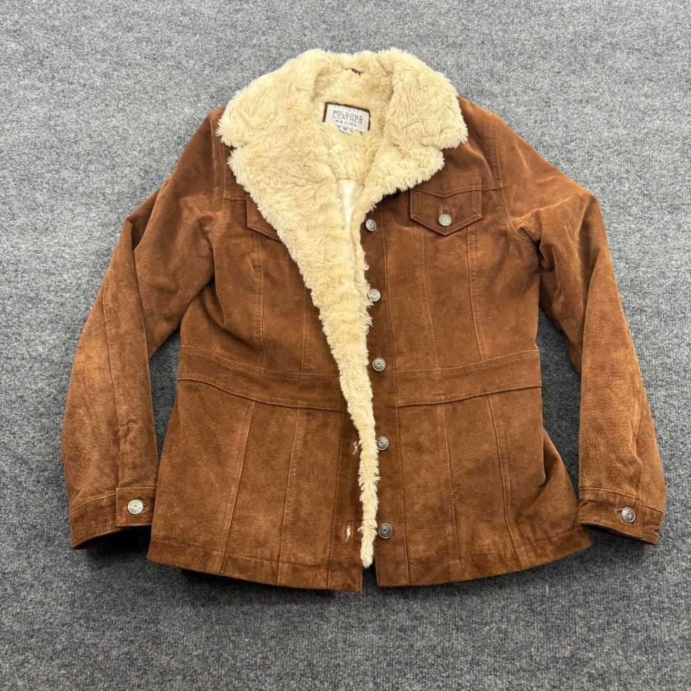 Wilsons Leather Maxima Suede Jacket Faux Fur Trim Sherpa Lined Brown M Womens